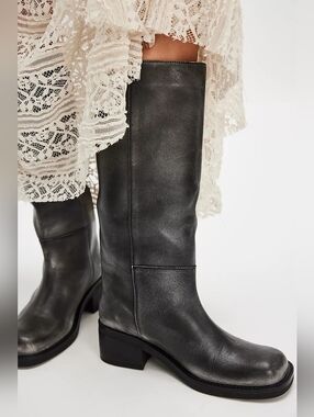 Free People Dana Distressed Pull-On Boots in Black Leather Size 7 & 7.5